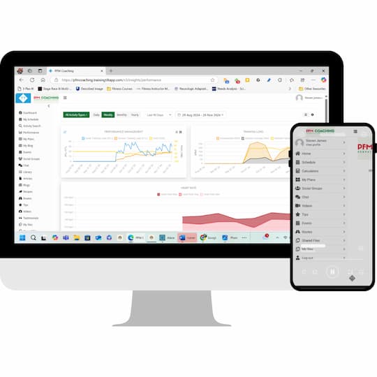 How to Safely Return to Running After Injury PFM Coaching dashboard and mobile app interface showing personalised running training data and feedback.