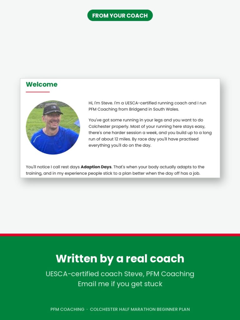 Welcome page of the Colchester Half Marathon Beginner plan with a photo of UESCA-certified running coach Steve from PFM Coaching