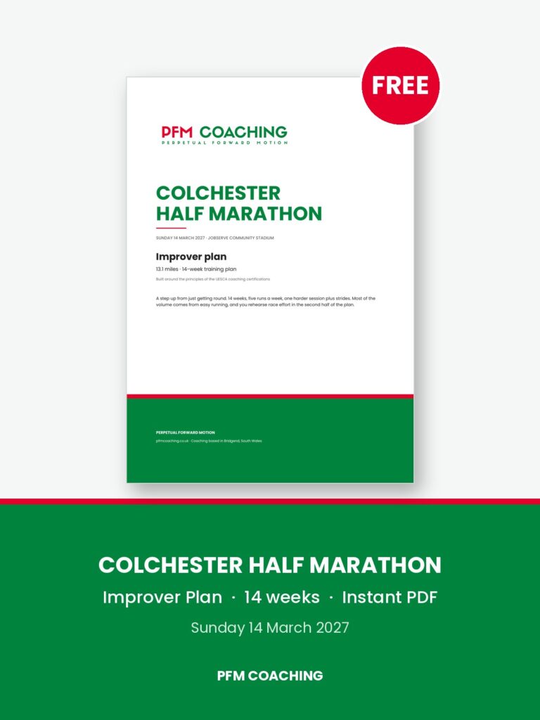 Cover of the free PFM Coaching Colchester Half Marathon Improver training plan, a 14-week PDF for race day on 14 March 2027