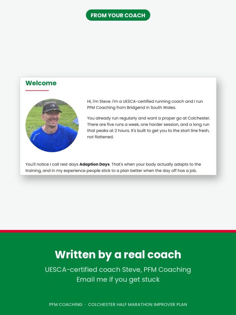 Welcome page of the Colchester Half Marathon Improver plan with a photo of UESCA-certified running coach Steve from PFM Coaching